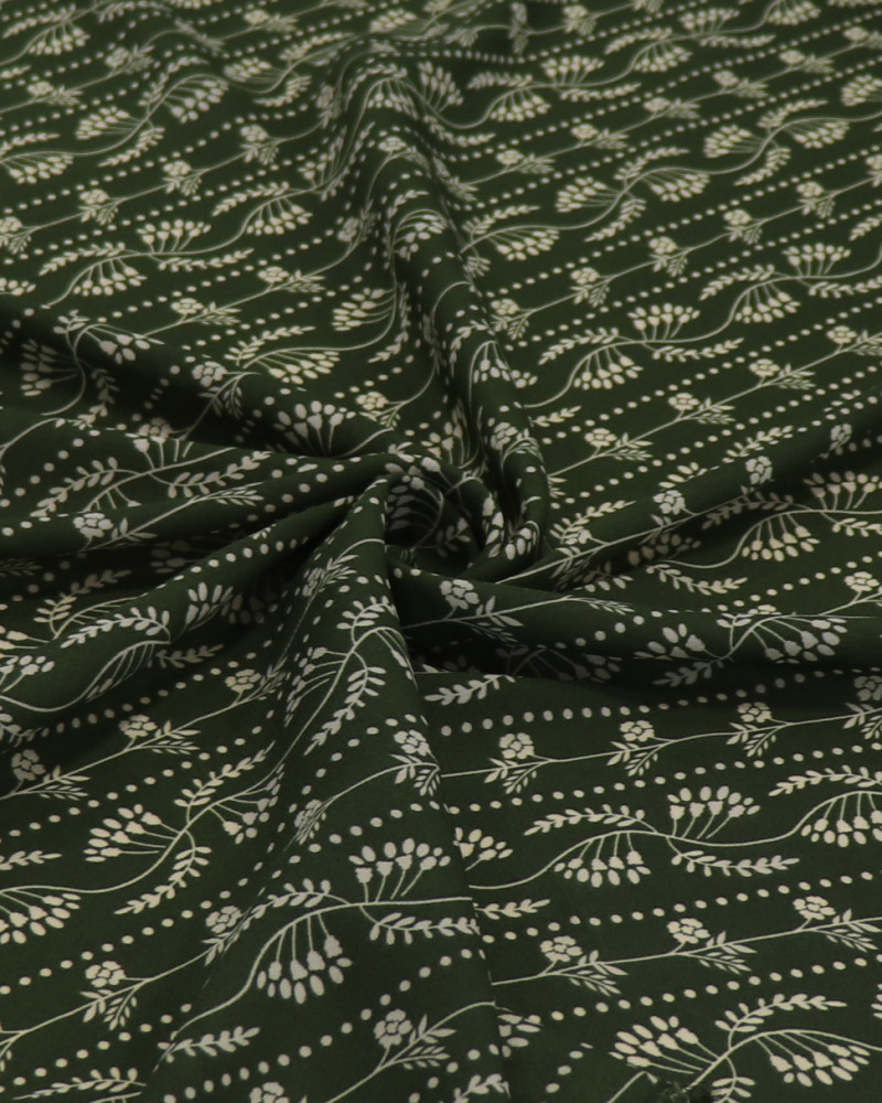 Tecido Crepe Koshibo Leve Listras em Ramos e Flores Creme e Verde Militar