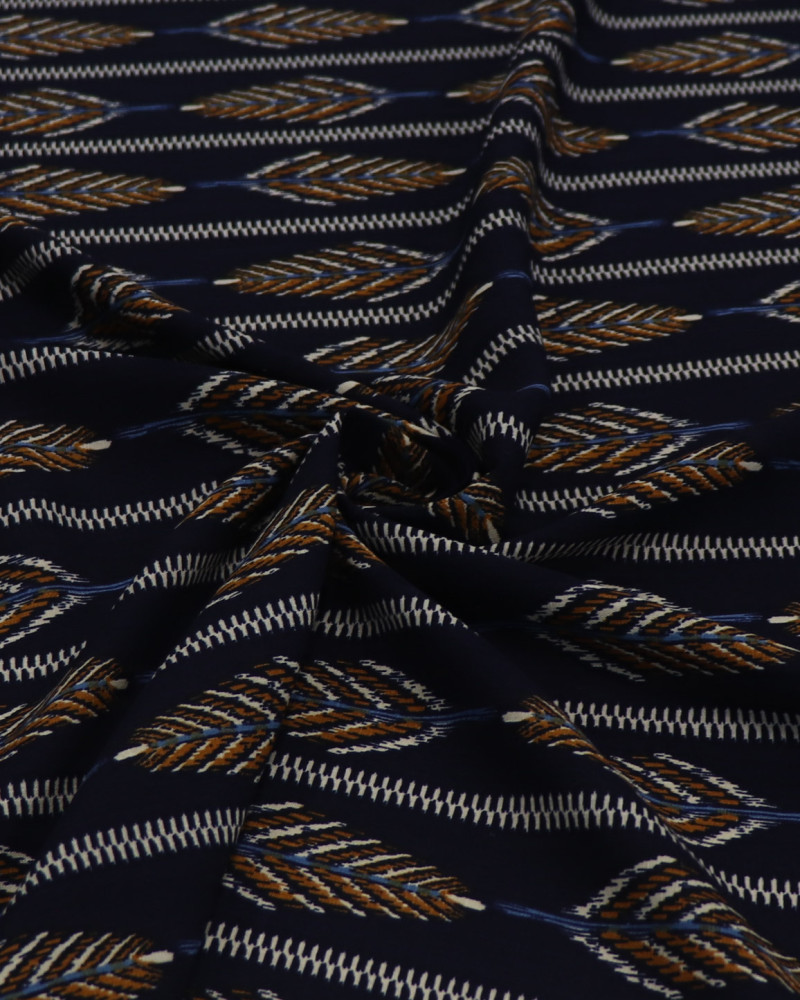 Tecido Viscose Texturizada Listrado Étnico Laranja e Azul Marinho Noite