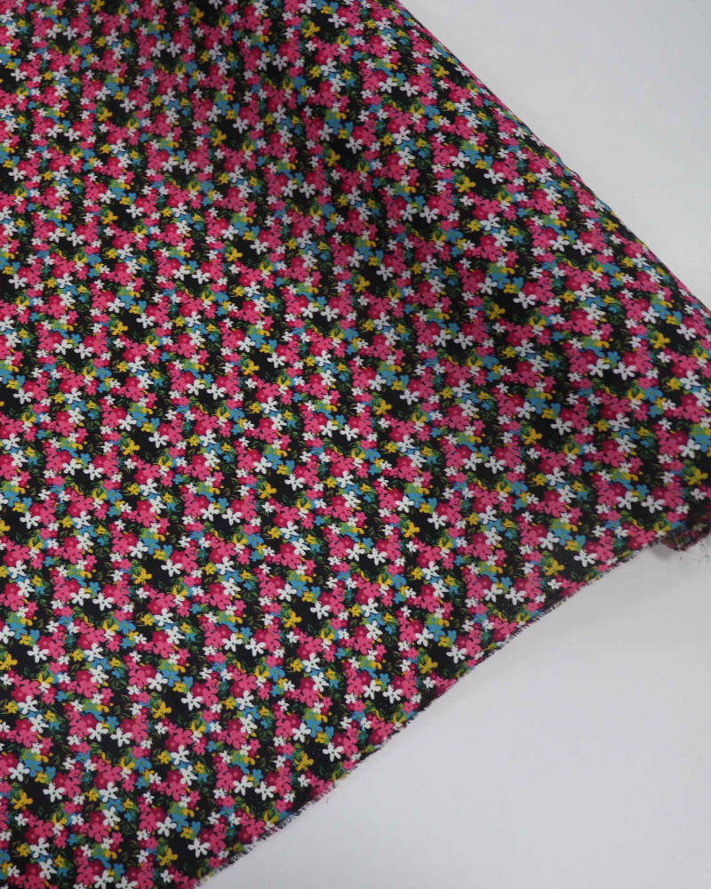 Tecido Crepe Koshibo Leve Tapete Floral Colorido e Preto