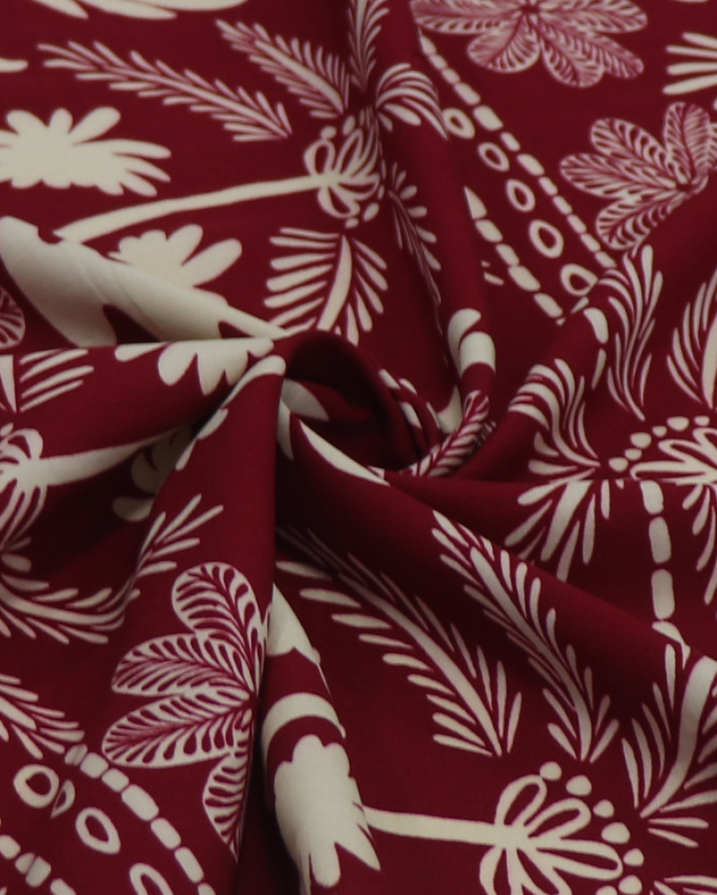 Tecido Viscose Barrado Flores e Coqueiros Creme e Vermelho Valentina
