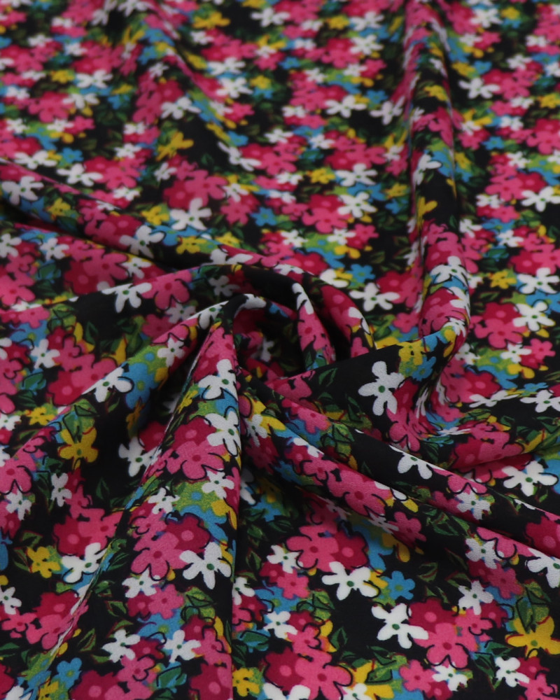 Tecido Crepe Koshibo Leve Tapete Floral Colorido e Preto