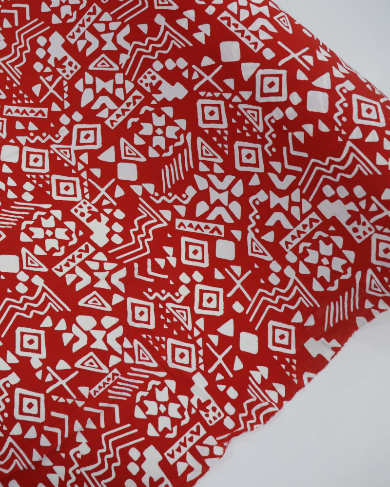 Tecido Crepe Koshibo Étnico Branco e Vermelho