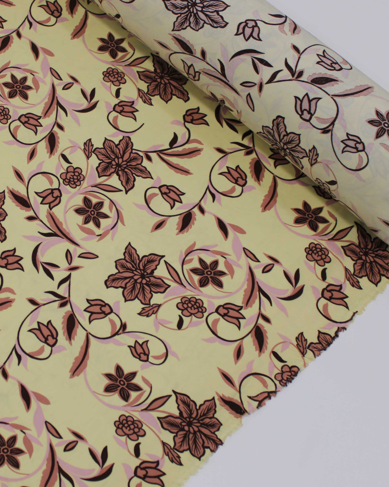Tecido Viscose Ramos Florais Rosa Chá, Castanho e Amarelo Manteiga