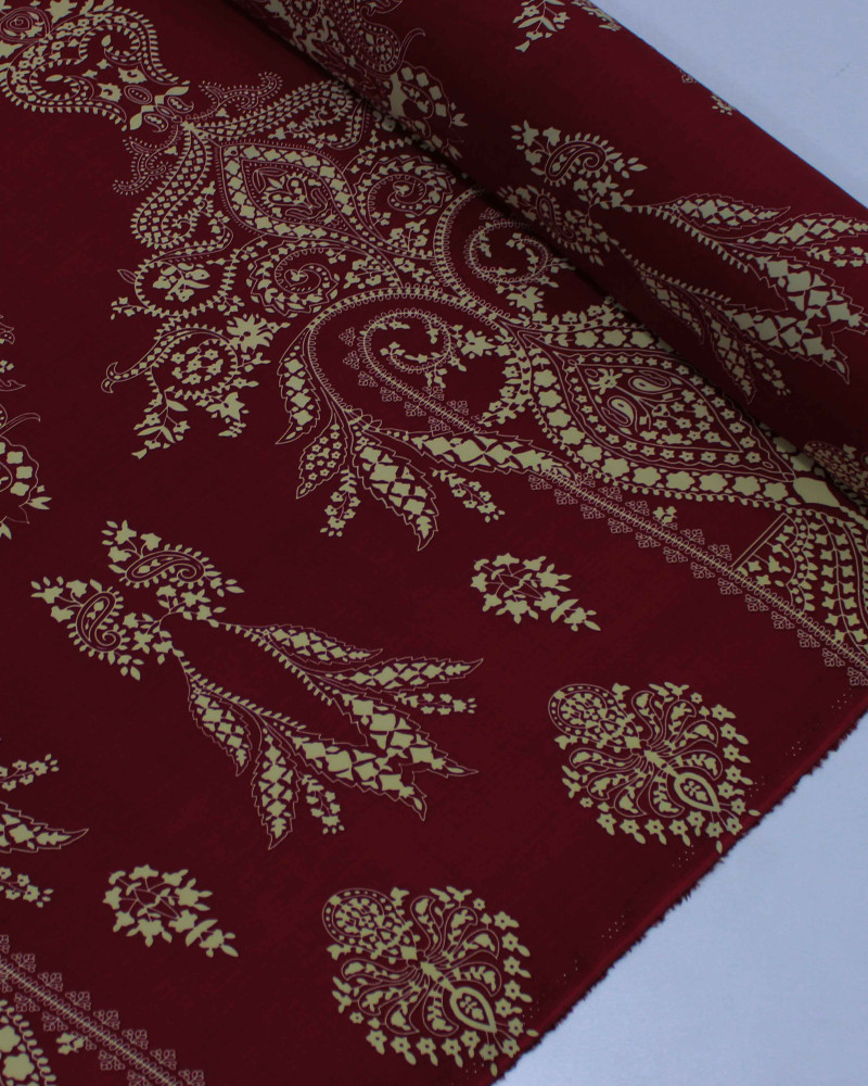 Tecido Viscose Arabescos em Cashmere Creme e Vermelho Rubi
