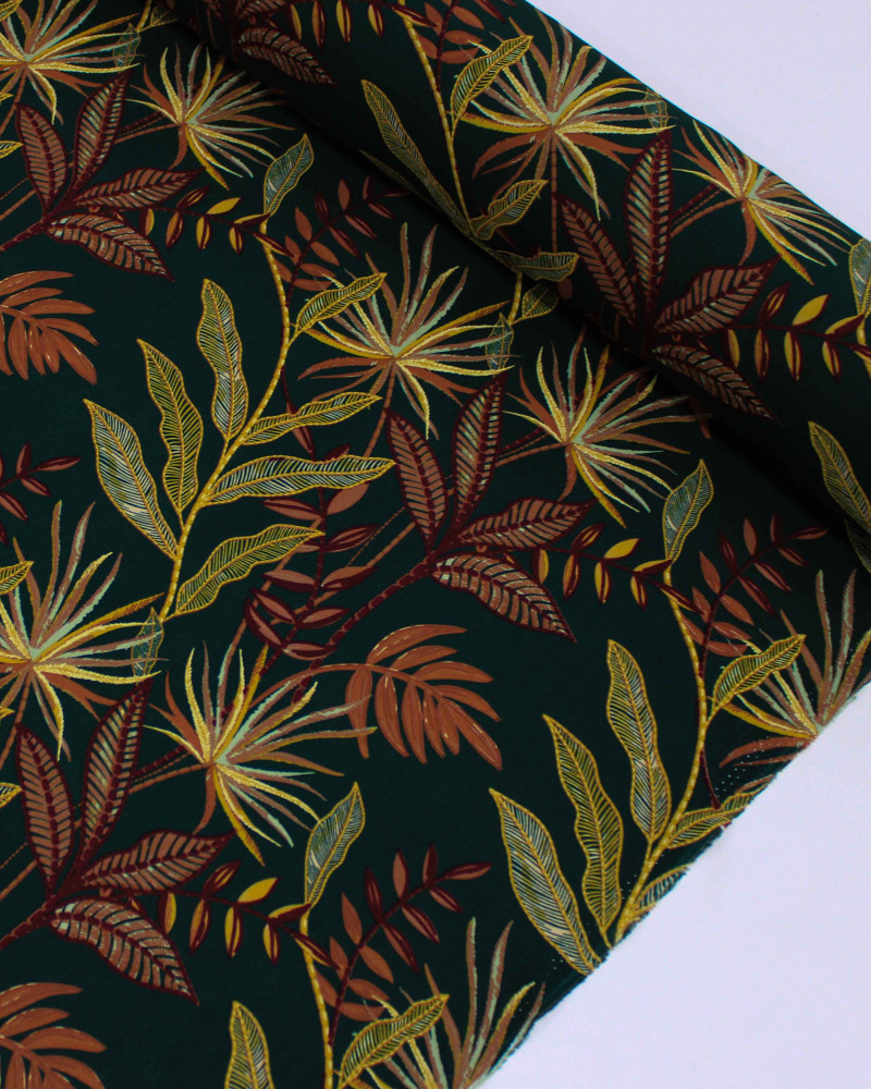 Tecido Viscose Macro Folhagens Colorido e Verde Esmeralda