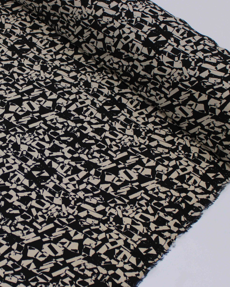 Tecido Viscose Arte Abstrata Bege e Preto