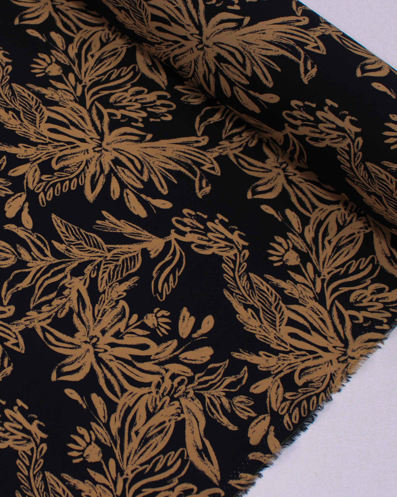 Tecido Viscose Ramos Abstratos Argila e Preto