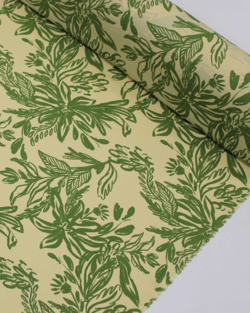 Tecido Viscose Ramos Abstratos Verde e Amarelo Manteiga