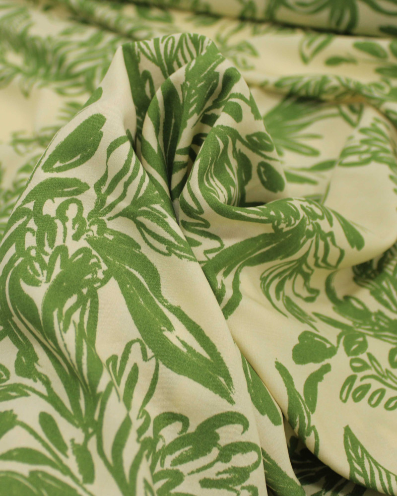 Tecido Viscose Ramos Abstratos Verde e Amarelo Manteiga