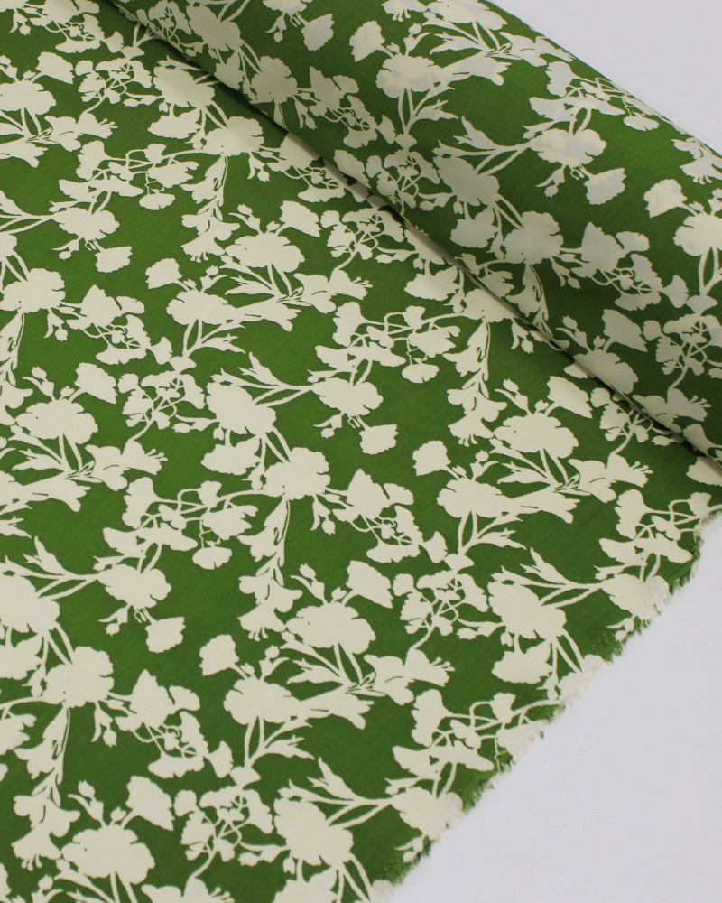 Tecido Viscose Flores Abstratas Offwhie e Vere Oliva