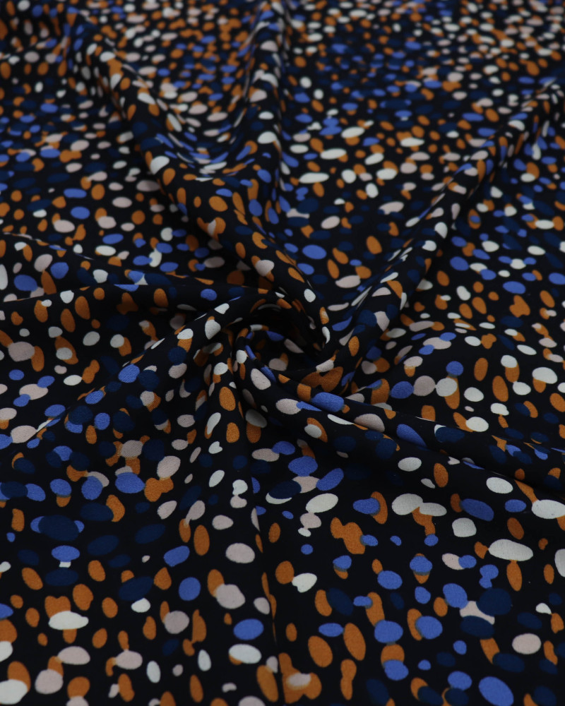 Tecido Viscose Poá Artístico Azul, Laranja e Preto