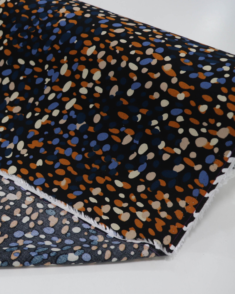 Tecido Viscose Poá Artístico Azul, Laranja e Preto