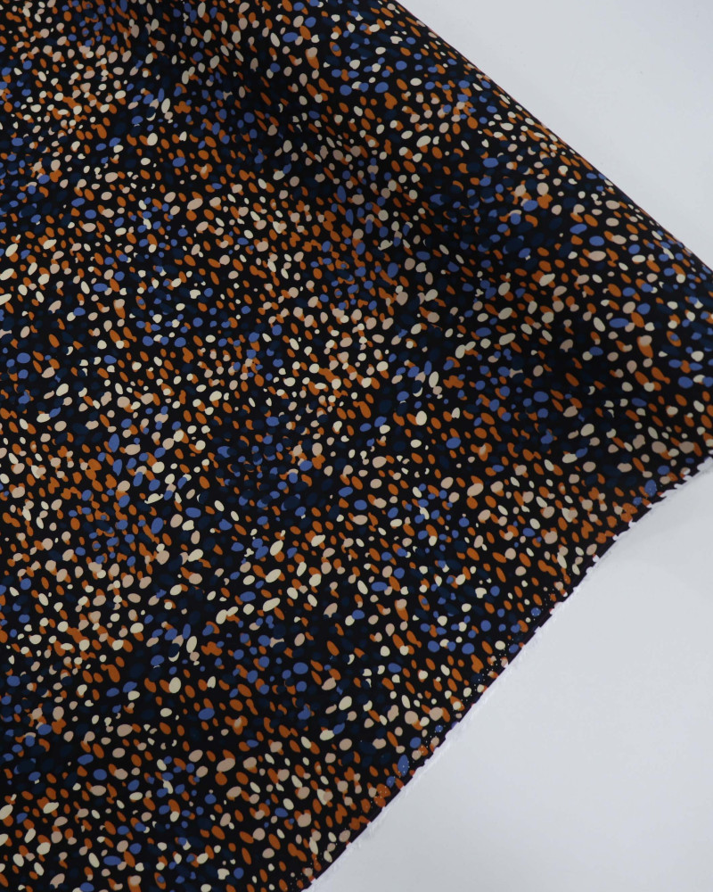 Tecido Viscose Poá Artístico Azul, Laranja e Preto