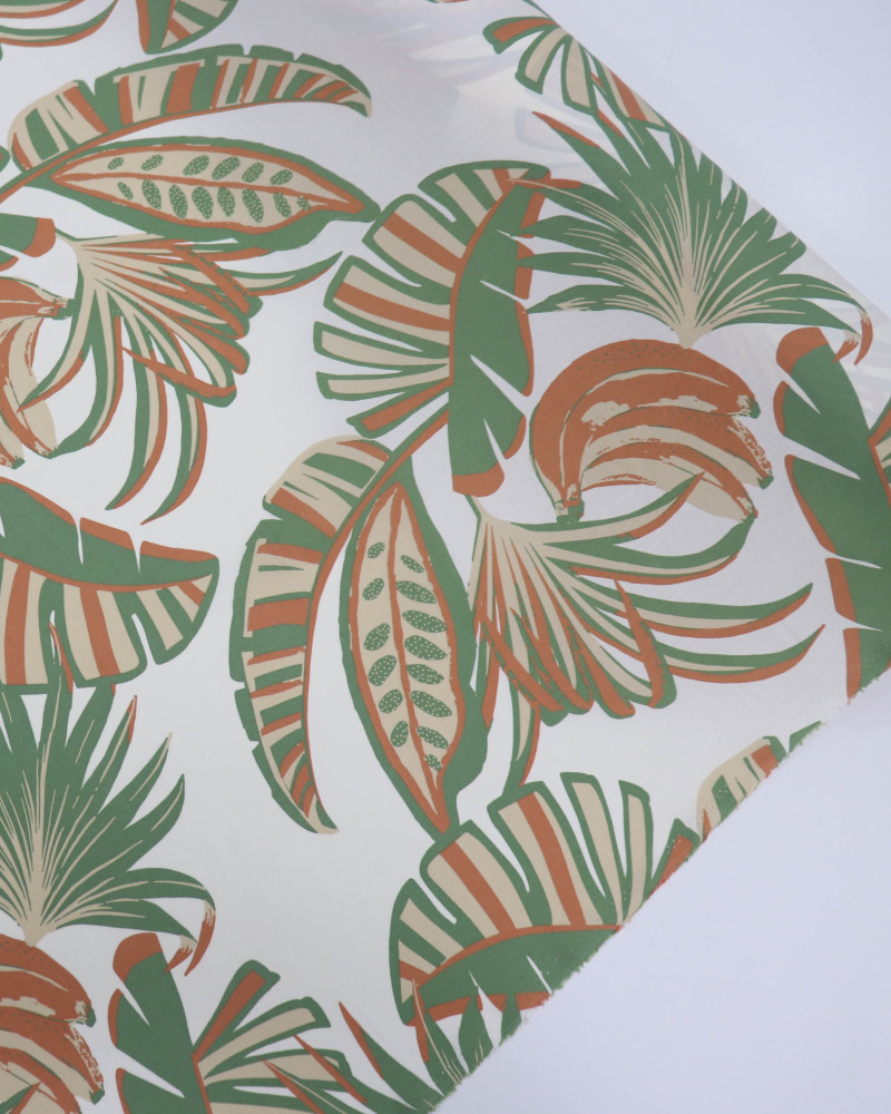 Tecido Viscose Folhagens de Bananeira, Verde e Offwhite