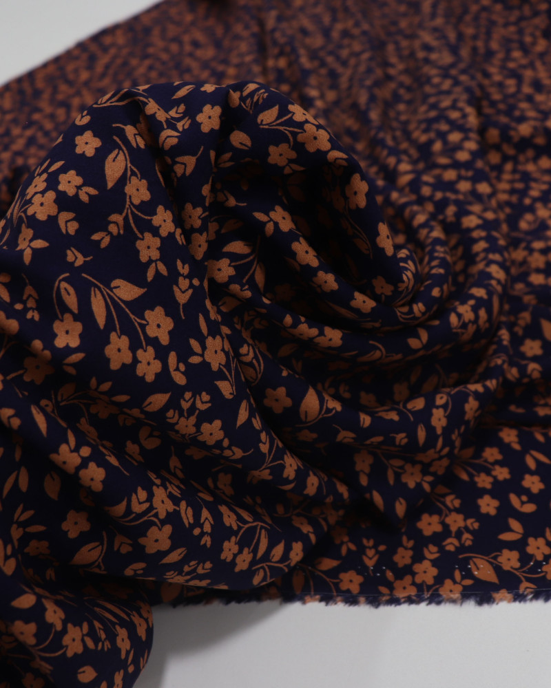 Tecido Viscose Liberty Marrom e Azul Marinho Noite