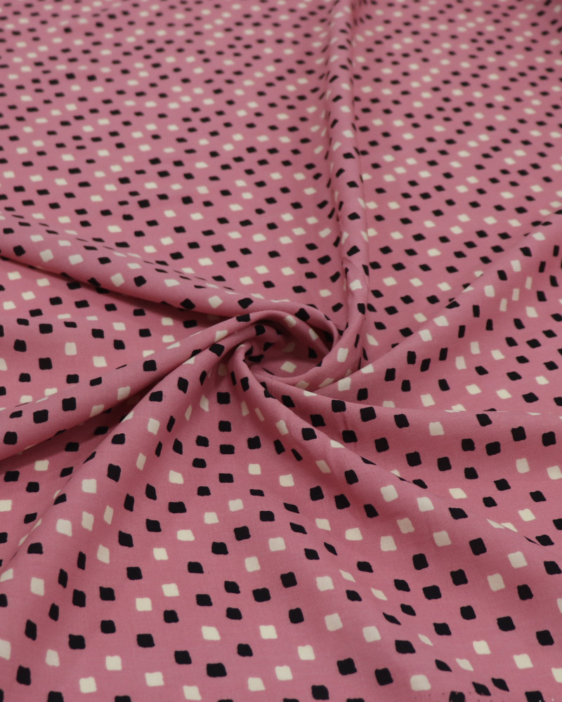 Tecido Viscose Micro Geométrico Offwhite, Preto e Rosa