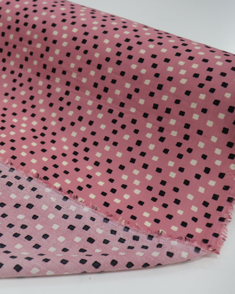 Tecido Viscose Micro Geométrico Offwhite, Preto e Rosa