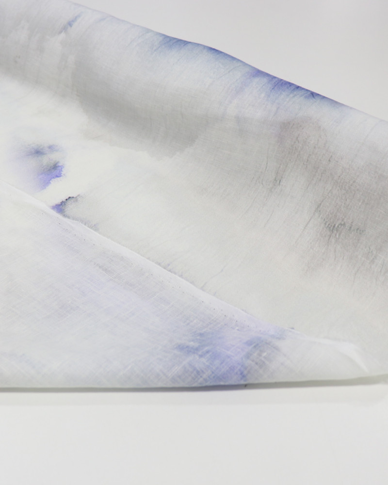 Tecido Linho Puro Italiano Pintura Abstrata em Tie Dye Roxo e Cinza