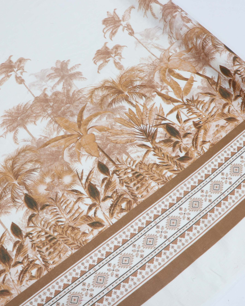 Tecido Linho Puro Italiano Barrado Folhagens Tropicais Terracota e Offwhite