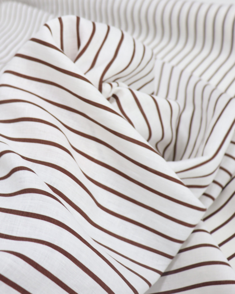 Tecido Linho Puro Italiano Listrado Marrom e Offwhite