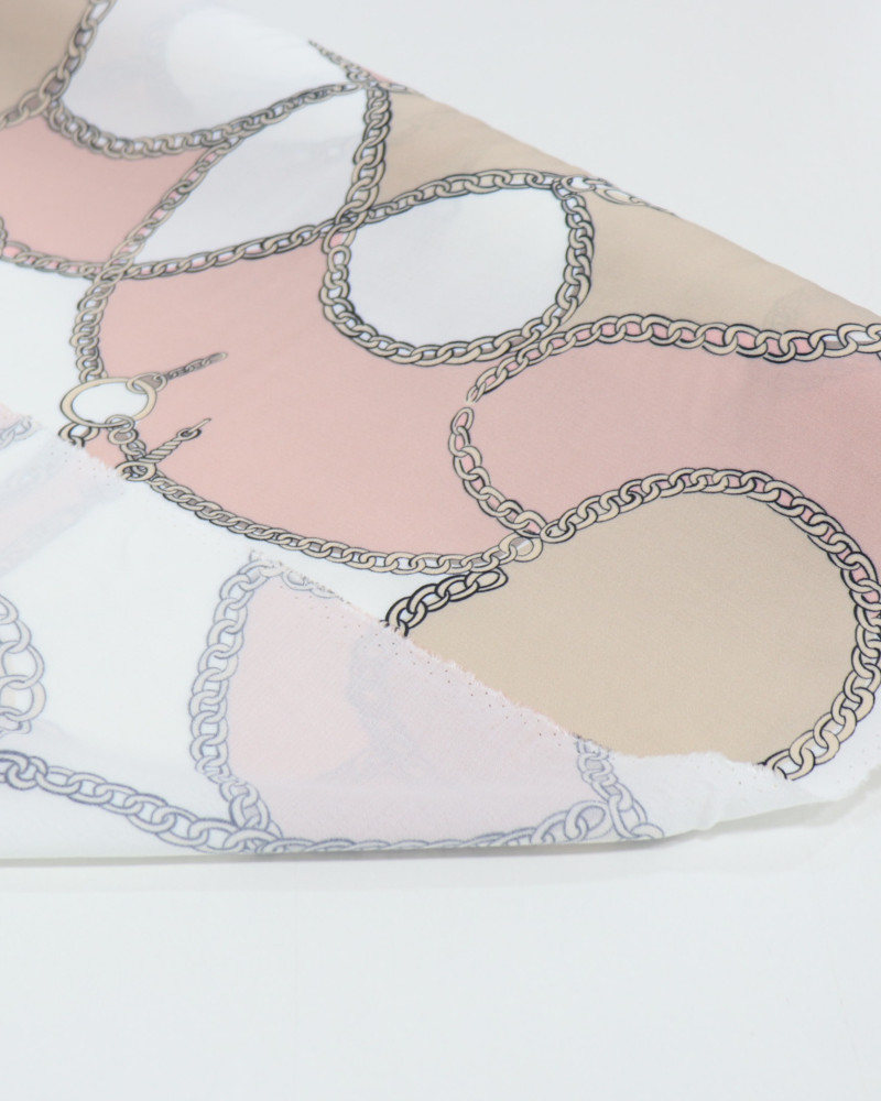 Tecido Crepe de Viscose Italiano Correntes Rosa Chá, Bege e Branco