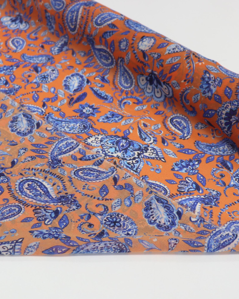 Tecido Crepe Chiffon Italiano Ramos em Cashmere Azul e Laranja