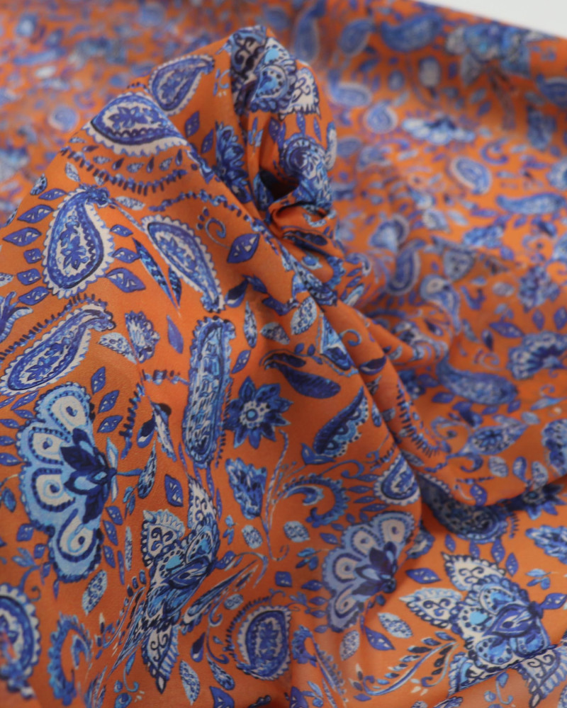 Tecido Crepe Chiffon Italiano Ramos em Cashmere Azul e Laranja