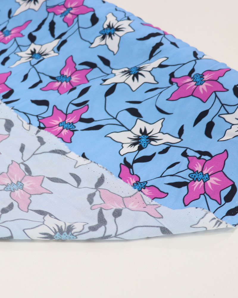 Tecido Crepe de Viscose Italiano Flores Brancas, Rosa e Azul Céu
