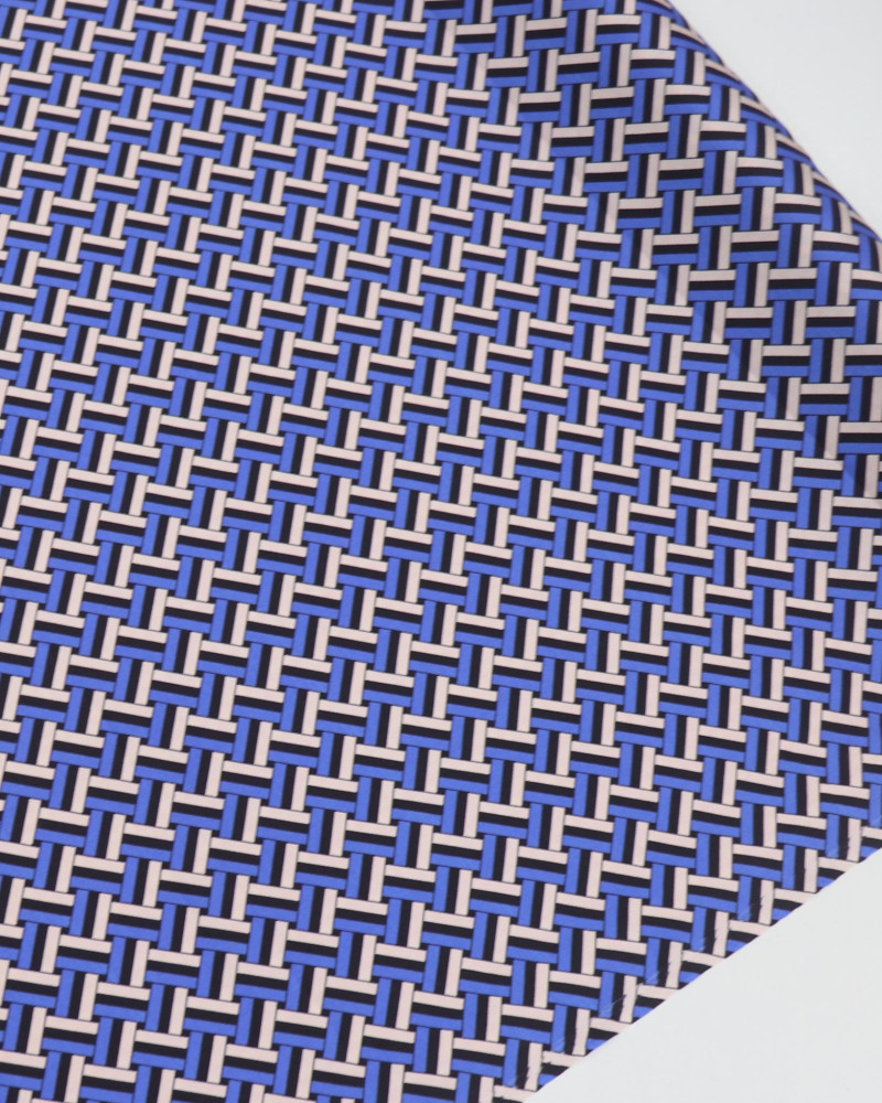 Tecido Crepe Silk Italiano Listras Trançadas Preto, Azul e Bege