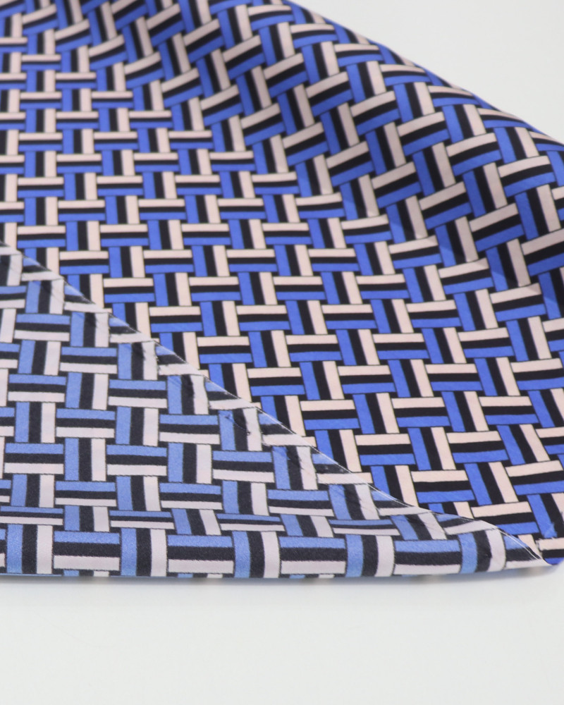 Tecido Crepe Silk Italiano Listras Trançadas Preto, Azul e Bege