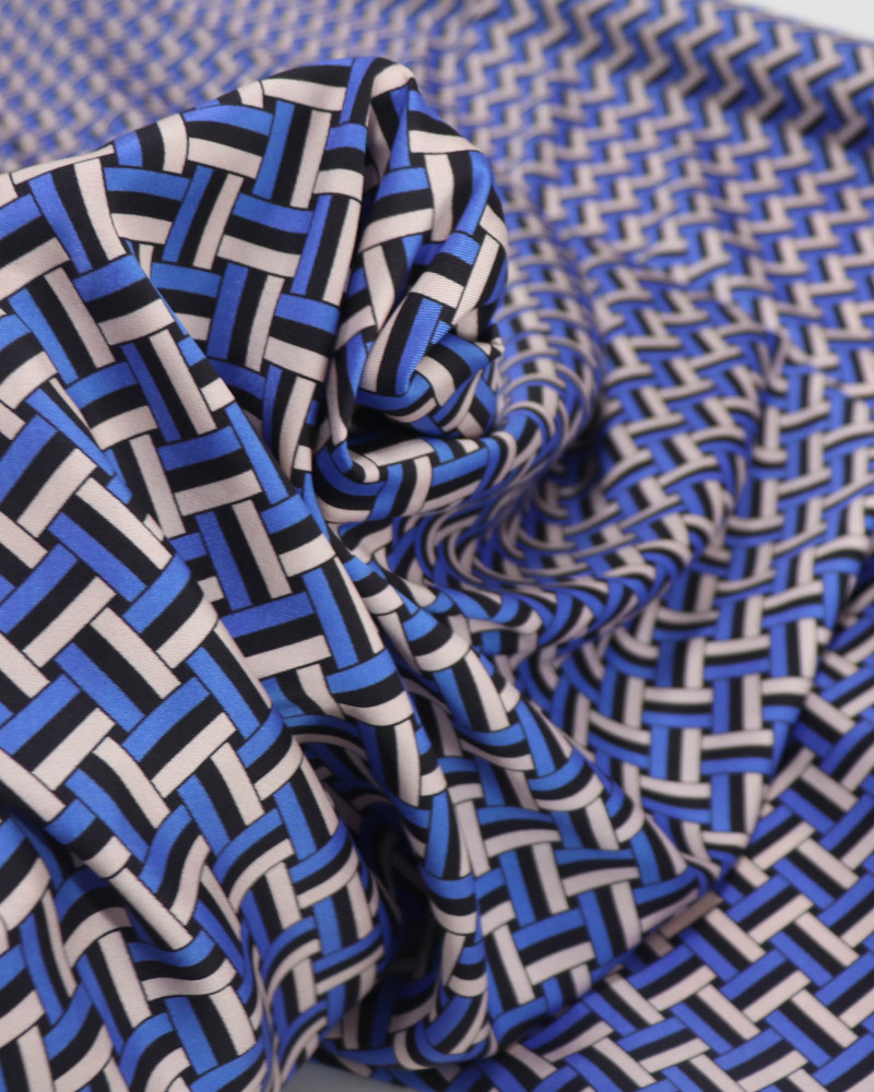 Tecido Crepe Silk Italiano Listras Trançadas Preto, Azul e Bege