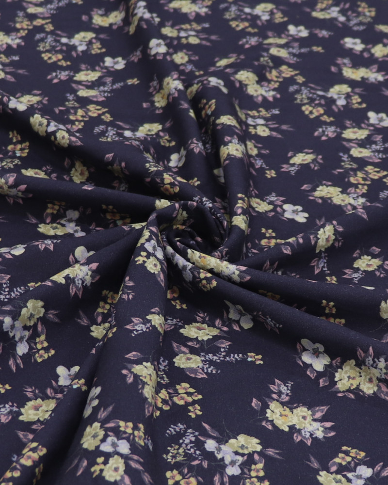 Tecido Viscose Sarjada Italiano Micro Buquê Floral Tons Pastéis e Azul Marinho Noite