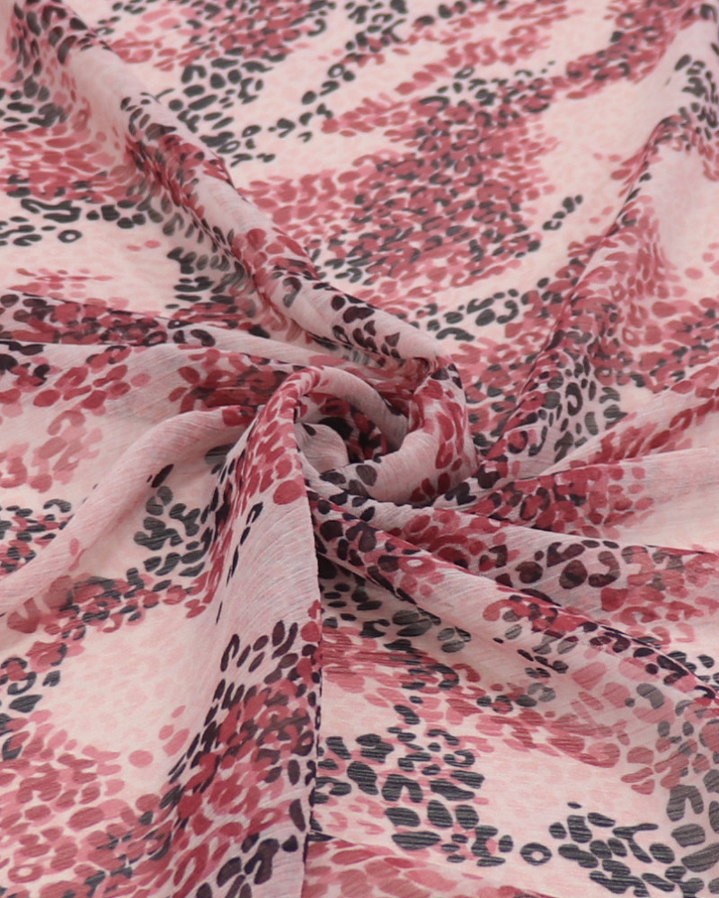 Tecido Crepe Chiffon Italiano Animal Print Sobreposto Preto e Tons de Rosa