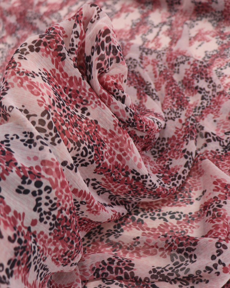 Tecido Crepe Chiffon Italiano Animal Print Sobreposto Preto e Tons de Rosa
