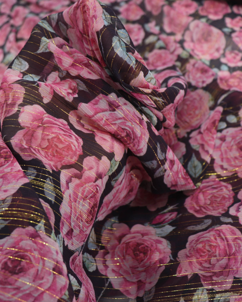 Tecido Crepe Chiffon Italiano Campo de Rosas com Lurex