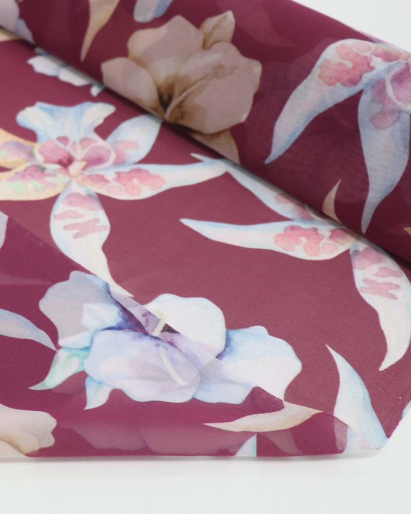 Tecido Crepe Chiffon Italiano Macro Flores Tons Pastéis e Vinho