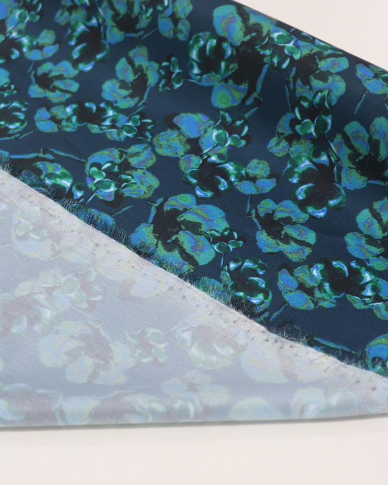 Tecido Crepe Silk Italiano Tapete Floral Abstrato Verde e Tons de Azul