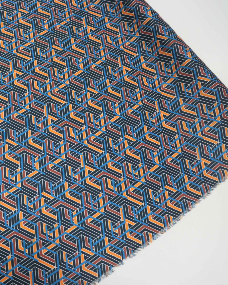 Tecido Crepe Silk Italiano Estampa Geométrica Laranja, Azul e Preto