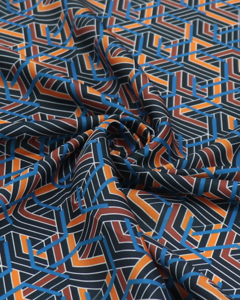 Tecido Crepe Silk Italiano Estampa Geométrica Laranja, Azul e Preto