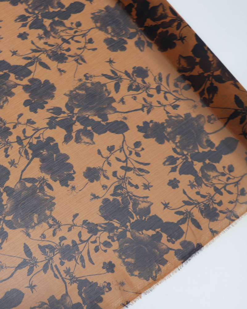 Tecido Crepe Chiffon Italiano Dupla Face Ramos Florais e Ferrugem