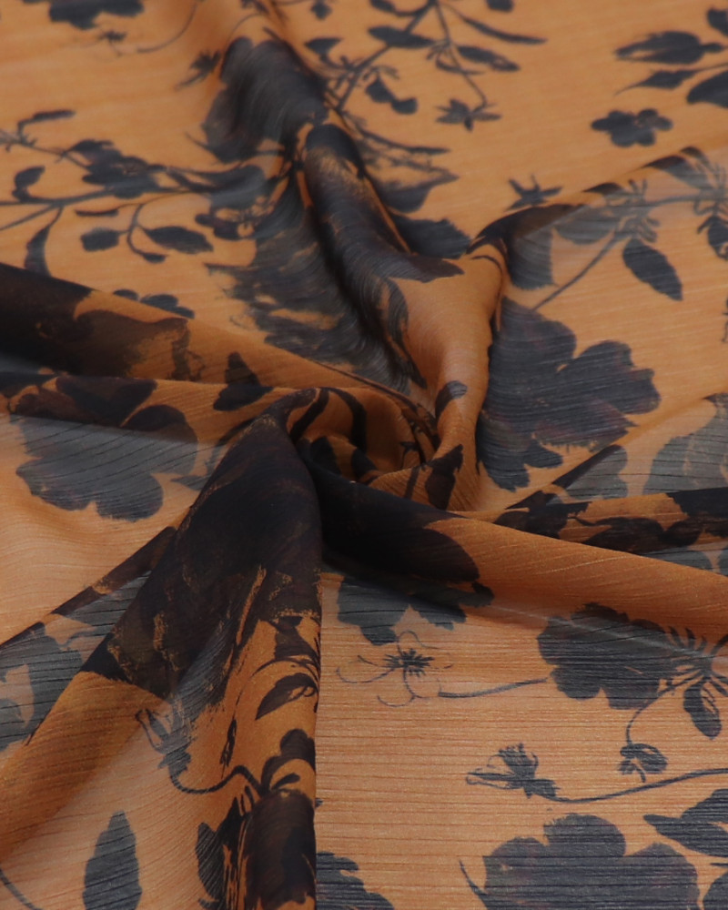 Tecido Crepe Chiffon Italiano Dupla Face Ramos Florais e Ferrugem
