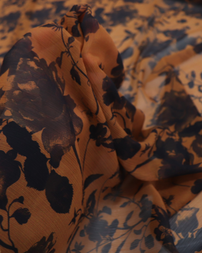Tecido Crepe Chiffon Italiano Dupla Face Ramos Florais e Ferrugem