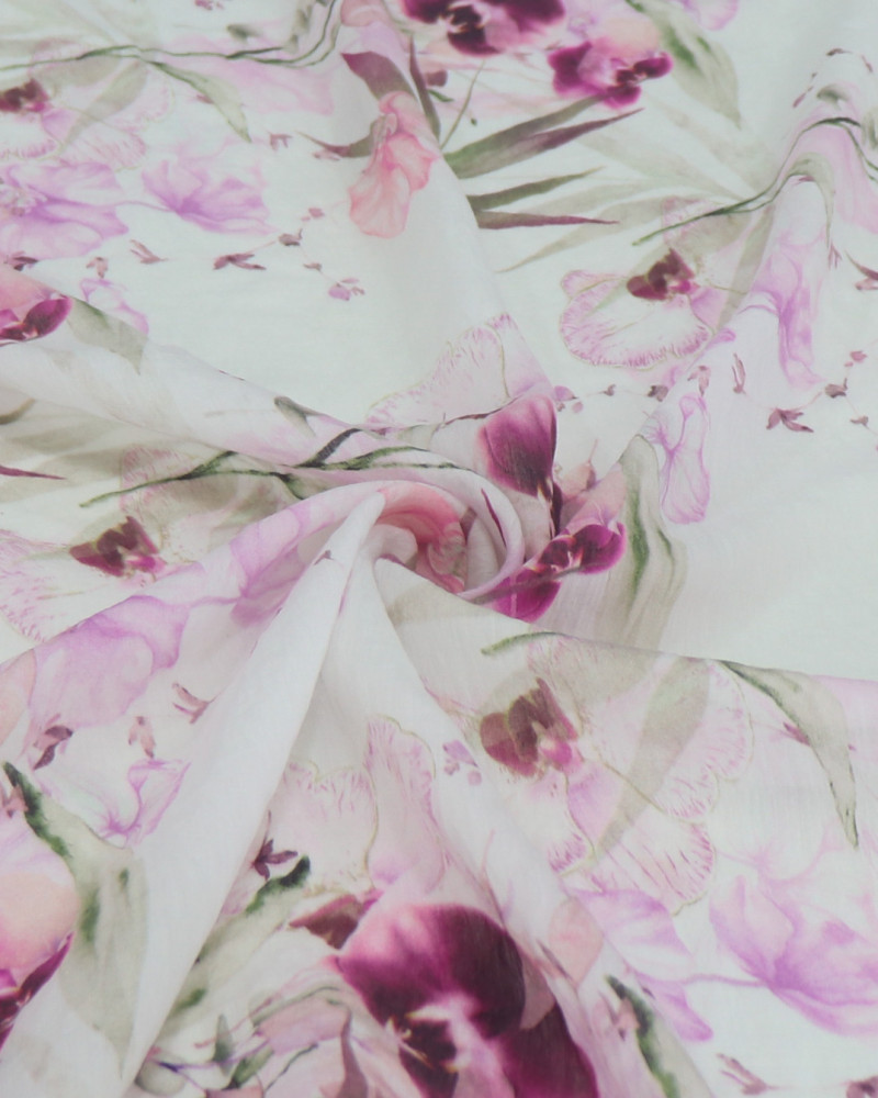 Tecido Cambraia de Algodão Italiano Orquídeas Tons de Lilás e Branco