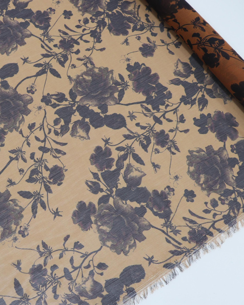 Tecido Crepe Chiffon Italiano Dupla Face Ramos Florais e Ferrugem