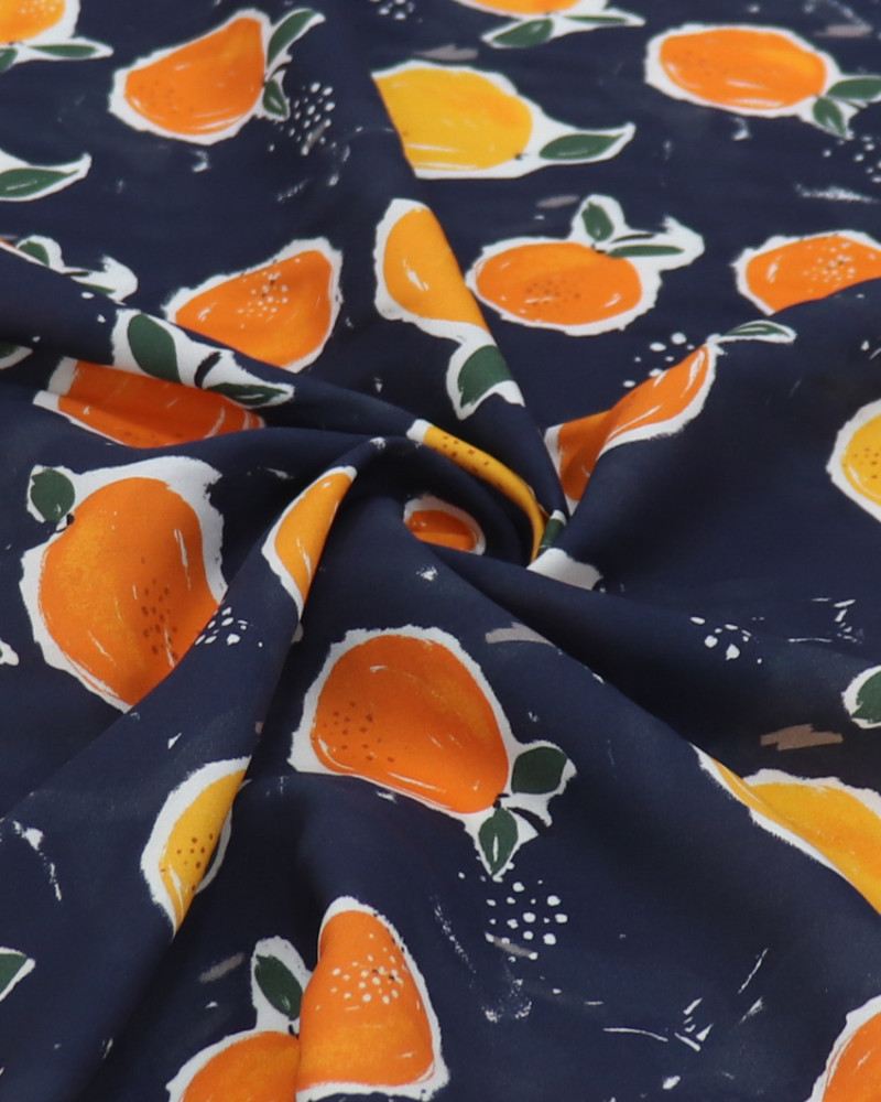 Tecido Tricoline Italiano Tangerinas e Azul Marinho