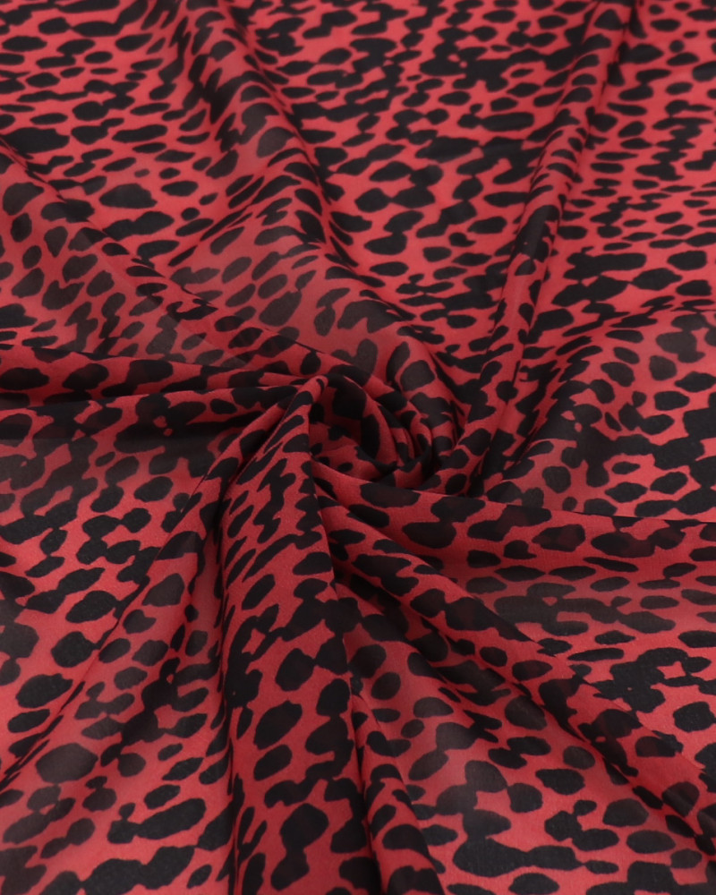 Tecido Crepe Chiffon Italiano Animal Print Preto e Vermelho