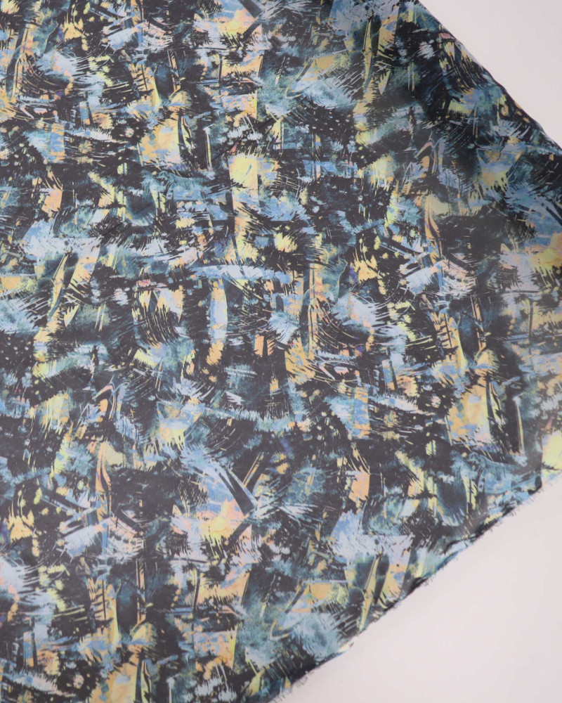 Tecido Crepe Chiffon Italiano Pintura Abstrata Amarelo e Tons de Verde