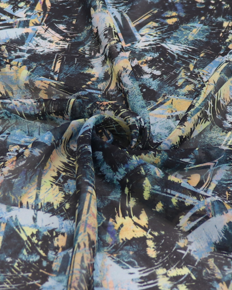 Tecido Crepe Chiffon Italiano Pintura Abstrata Amarelo e Tons de Verde