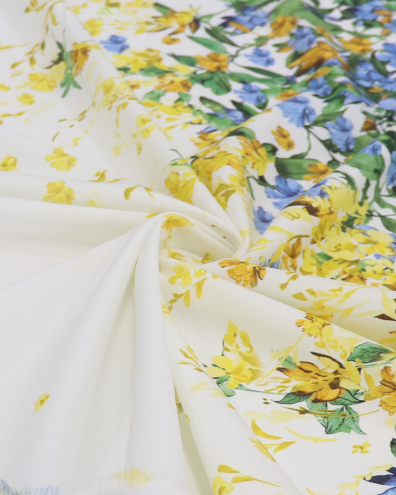 Tecido Tricoline com Elastano Italiano Barrado Vertical Campo Floral Colorido e Branco