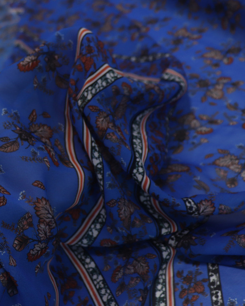 Tecido Crepe Chiffon Italiano Barrado Vertical Folhagens Colorido e Azul